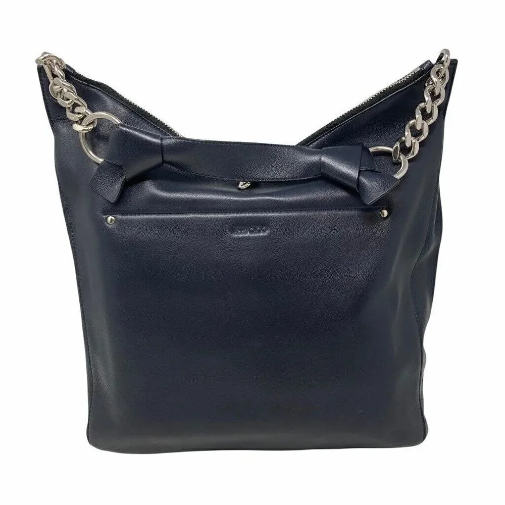 Jimmy Choo Raven Hobo Handbag Purse Black Leather Pocket Double Zipper Chain